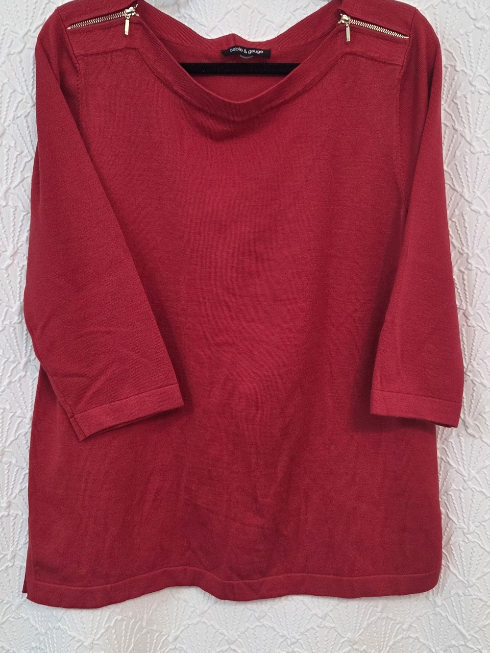 Cable & Gauge Red Zip-Shoulder Scoop Neck Sweater